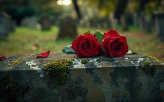 ai gerado a evocativo cena do profundo vermelho rosas em a ancestral, erodido sepultura foto