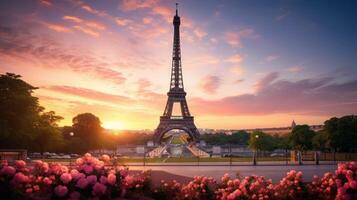 ai gerado pôr do sol com eiffel torre Visão foto