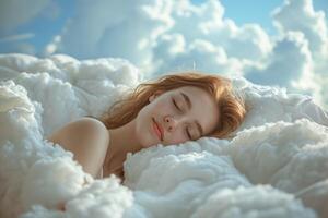 ai gerado mulher dormir entre fofo branco nuvens foto