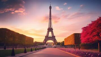 ai gerado pôr do sol com eiffel torre Visão foto