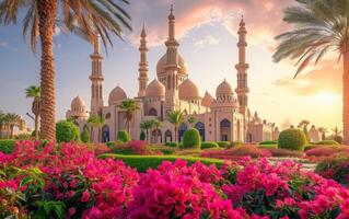 ai gerado fertil jardim e imponente mesquita às amanhecer cedo luz foto