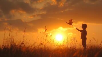 ai gerado uma criança em pé sozinho dentro uma Prado às pôr do sol, segurando uma pipa em forma gostar uma pássaro foto