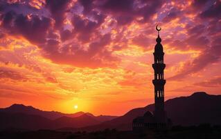 ai gerado a Sombrio forma do uma mesquita às pôr do sol foto