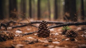 ai gerado pinho cone no meio floresta chão dentro luz solar foto