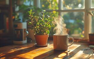 ai gerado vapor caneca do chá dentro iluminado pelo sol quarto foto