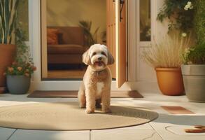 ai gerado cachorro senta em esteira às frente porta foto