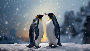 ai gerado dois pinguins em pé em a neve fundo foto