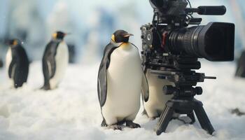 ai gerado dois pinguins estão em pé dentro a neve dentro frente do uma Câmera foto