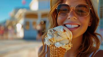 ai gerado uma nostálgico imagem do uma pessoa saboreando a gelo creme cone foto