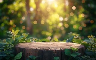 ai gerado encantado floresta cena com luz solar em árvore toco foto