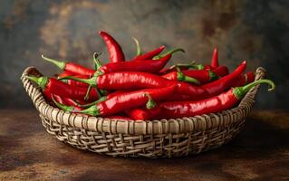 ai gerado uma país estilo cesta transbordante com radiante vermelho Pimenta pimentas foto