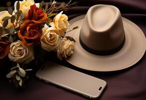 ai gerado uma Smartphone, chapéu, caderno e copo em a chapéu foto