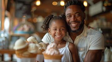 ai gerado uma comovente cena do uma família partilha uma banheira do gelo creme foto