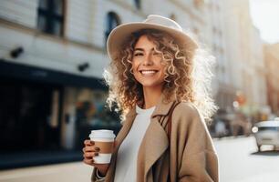 ai gerado uma mulher bebendo café a partir de uma saco em pé em a rua foto