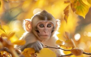 ai gerado inquisitivo macaco olhando através outono folhagem foto