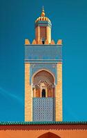 ai gerado a ornamentado desenhos do uma minarete torre ficar de pé vividamente dentro contraste para uma Claro azul céu foto