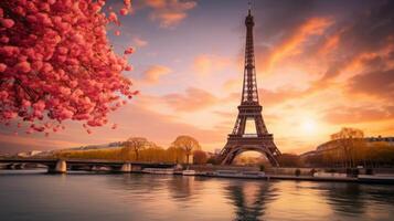 ai gerado pôr do sol com eiffel torre Visão foto