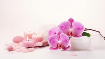 ai gerado elegante spa configuração com orquídeas e velas foto