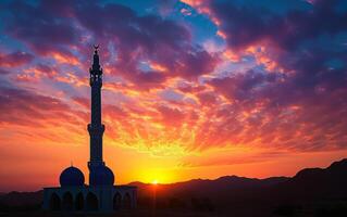 ai gerado pôr do sol Visão do uma mesquita silhueta foto