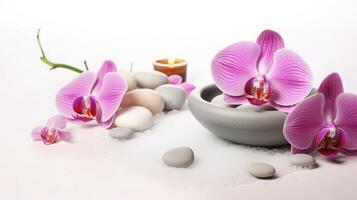 ai gerado elegante spa configuração com orquídeas e velas foto