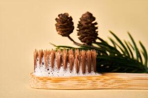 escova de dente com pasta de dentes espuma em uma fundo do pinho agulhas e cones. foto