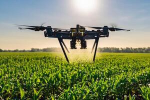 ai gerado a agrícola zangão é vôo e pulverização fertilizante dentro uma verde milharal. foto