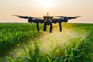 ai gerado a agrícola zangão é vôo e pulverização fertilizante dentro uma verde milharal. foto