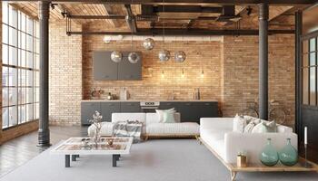 uma moderno loft vivo quarto com uma sofá, uma cozinha foto