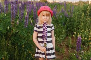 uma Loiras menina dentro uma campo com roxa flores uma pequeno menina dentro uma Rosa chapéu é colheita flores dentro uma campo. uma campo com tremoço foto