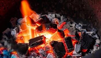 a fechar-se tiro do uma pilha do carvão com fogo para uma churrasco em uma Sombrio fundo foto