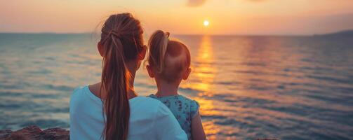 ai gerado costas Visão do uma mãe e dela filha às pôr do sol. conceito do mãe dia, maternidade, pai amar. foto