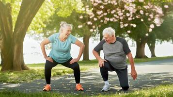 ai gerado caucasiano Senior casal fazendo exercício dentro jardim foto