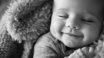 ai gerado primeiro sorriso, comovente momento do uma recém-nascido primeiro genuíno sorriso, fundo imagem, generativo ai foto