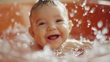 ai gerado banho Tempo risos, uma brincalhão cena do uma recém-nascido desfrutando uma caloroso banho, espirrando suavemente e sorridente brilhantemente, generativo ai, fundo imagem foto