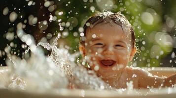 ai gerado banho Tempo risos, uma brincalhão cena do uma recém-nascido desfrutando uma caloroso banho, espirrando suavemente e sorridente brilhantemente, generativo ai, fundo imagem foto