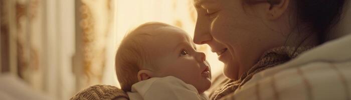 ai gerado mãe segurando dela recém-nascido bebê fechar para dela peito, com ambos do eles olhando às cada de outros com amor e ternura, fundo imagem, generativo ai foto