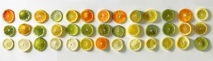 ai gerado fatiado citrino, variedade do citrino frutas tal Como laranjas limões e limas em uma branco fundo, generativo ai, fundo imagem foto