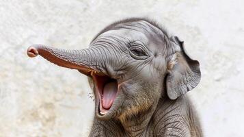 ai gerado bocejando elefante panturrilha, uma bebê elefante bezerro bocejando largamente, fundo imagem, generativo ai foto