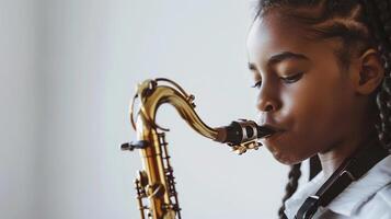 ai gerado uma menina tocam a saxofone apaixonadamente em limpar \ limpo branco fundo, fundo imagem, generativo ai foto