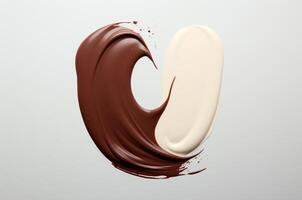 ai gerado derretido solta do leite e branco chocolate dentro a forma do uma coração foto