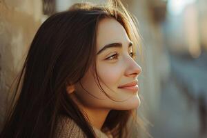 ai gerado retrato do a atraente morena mulher em uma luz do dia cidade rua foto