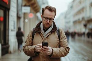 ai gerado ao ar livre retrato do moderno meia idade homem com Móvel telefone dentro a rua foto