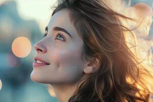 ai gerado retrato do a atraente morena mulher em uma luz do dia cidade rua foto