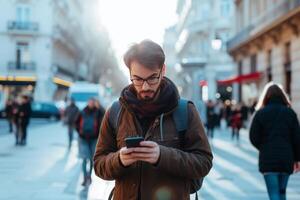 ai gerado ao ar livre retrato do moderno jovem homem com Móvel telefone dentro a rua foto