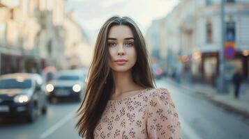 ai gerado a atraente morena mulher dentro uma vestir em uma luz do dia cidade rua foto