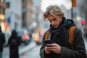 ai gerado ao ar livre retrato do moderno jovem homem com Móvel telefone dentro a rua foto