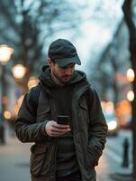 ai gerado ao ar livre retrato do moderno jovem homem com Móvel telefone dentro a rua foto