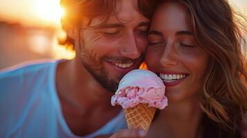 ai gerado uma romântico cena do uma casal partilha uma cone do gelo creme, com sorrisos em seus rostos foto