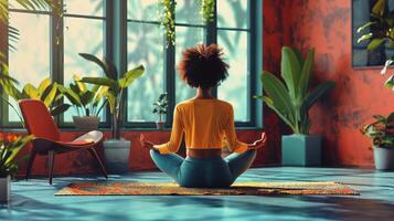 ai gerado uma sereno cena do uma empresária praticando ioga dentro uma colorida escritório espaço foto