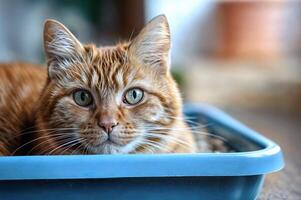 ai gerado laranja malhado gato com verde olhos é deitado dentro azul lixo caixa. banheiro Treinamento para gato. animal Cuidado conceito. suave seletivo foco foto